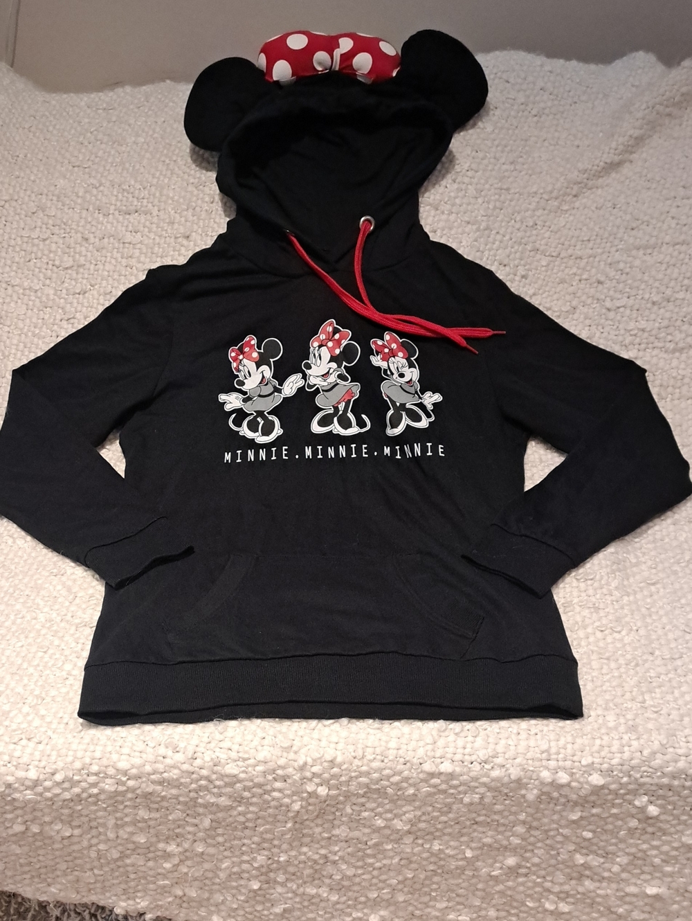 Disney Black Minnie Mouse Hoodie Sweater with Red Accents Ears And Bow Detail